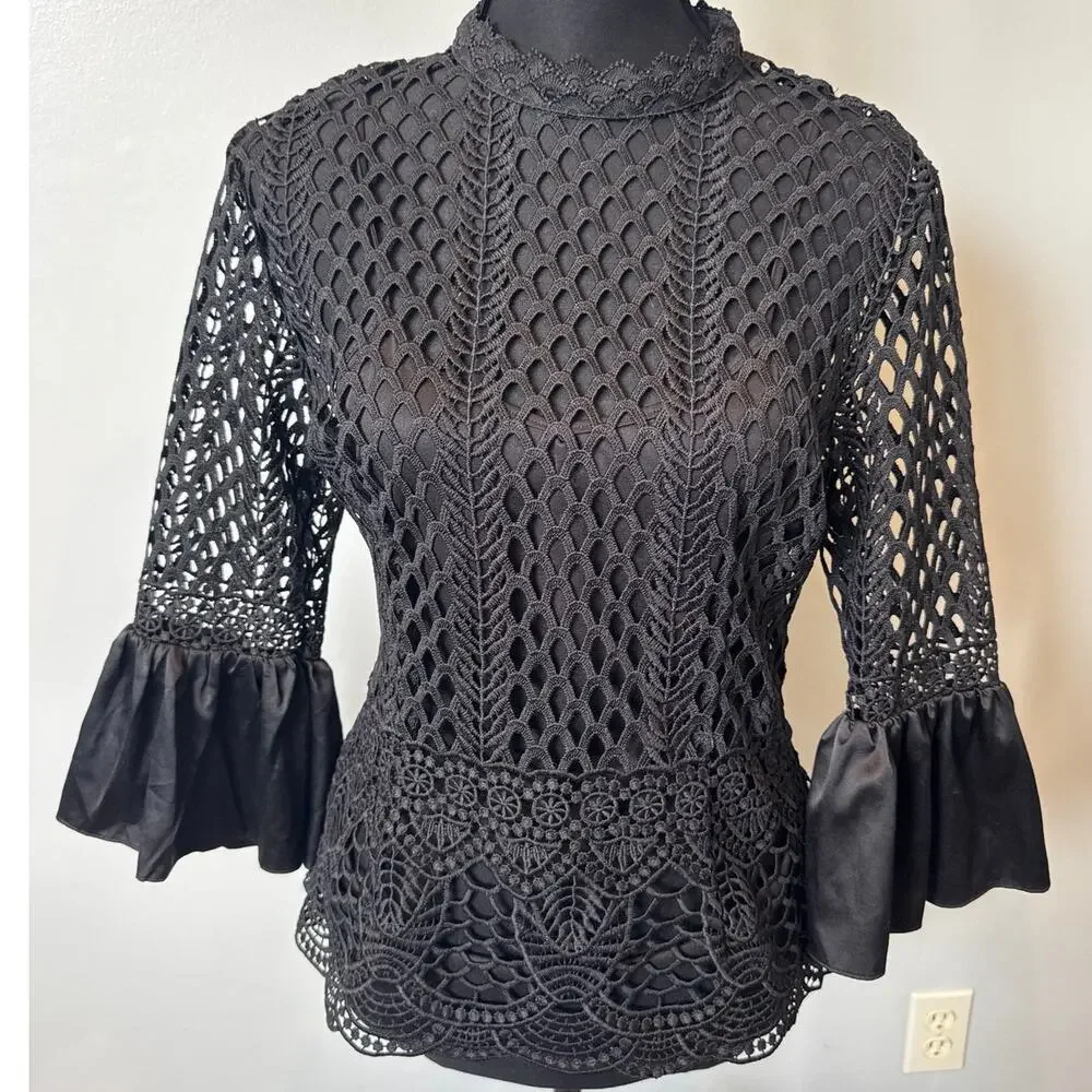 Dolce Cabo Knit Crochet Black Top Ruffle Bell Sleeve Minimalist Office Sz S
